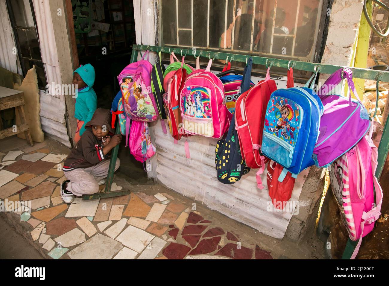 Johannesburg, South Africa August 6, 2015 Children's school bags outside kindergarten creche