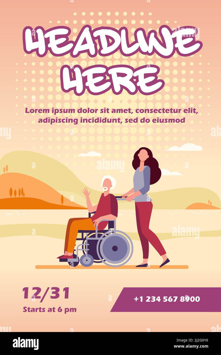 Young woman wheeling wheelchair with senior man. Volunteer helping disabled person flat vector illustration. Disability, volunteering concept for bann Stock Vector