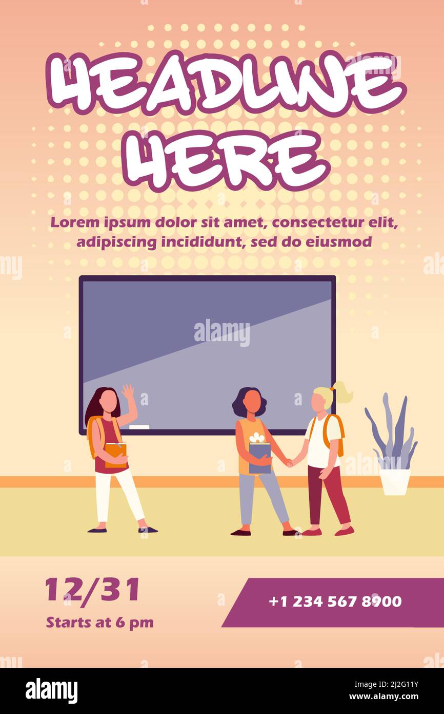 Schoolgirls meeting in classroom. Group of friends, classmates holding ...