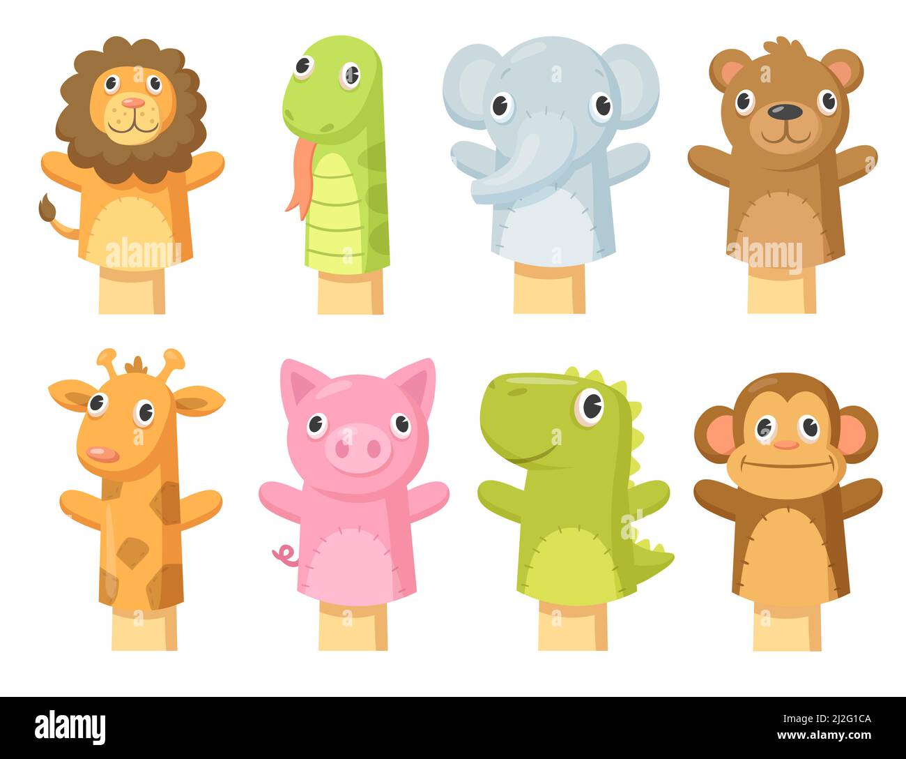 Set of cute hand sock puppets. Cartoon vector illustration. Hand sock toys in form of giraffe, lion, elephant, bear, snake, pig, crocodile, monkey. Pu Stock Vector