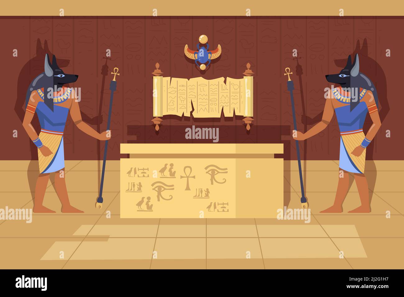 Two Anubis deities with ankh walking canes next to mummy case. Cartoon vector illustration. Egyptian gods in ancient temple interior, symbols and hier Stock Vector