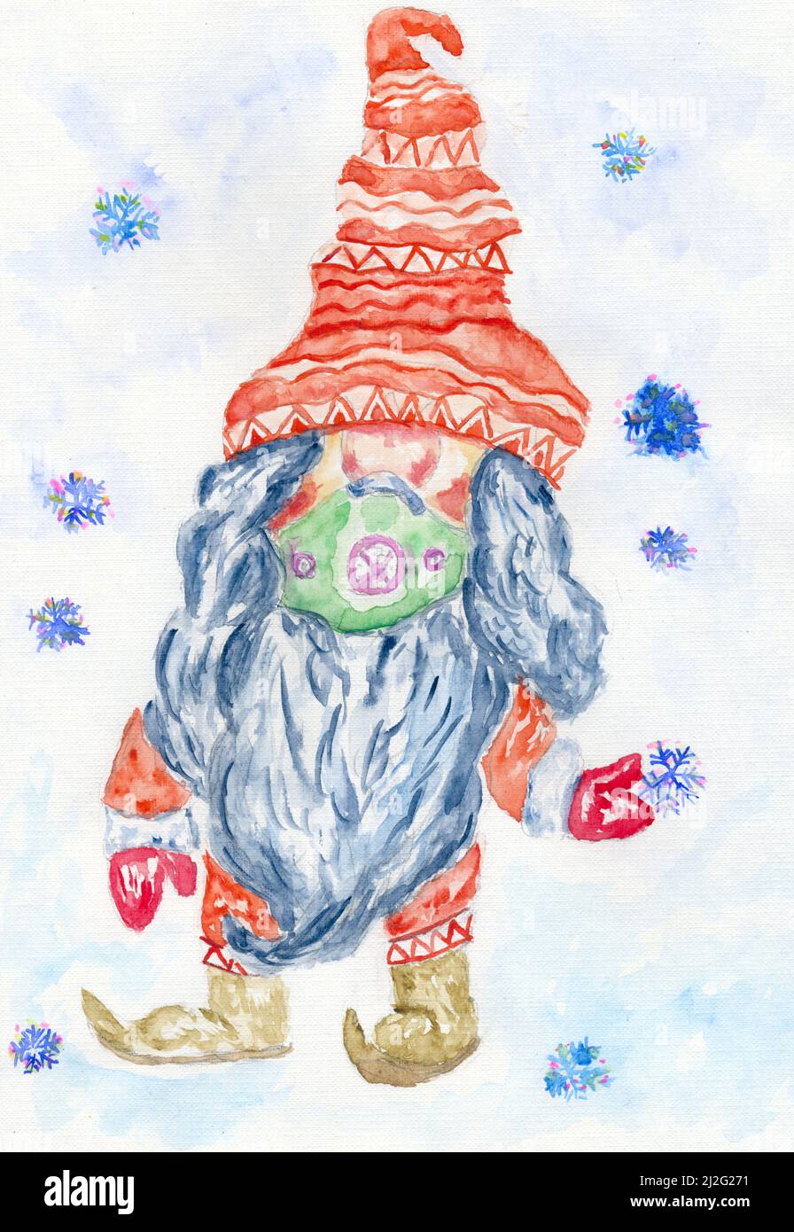 Decorative Scandinavian Christmas gnome wear protective face mask, hand ...