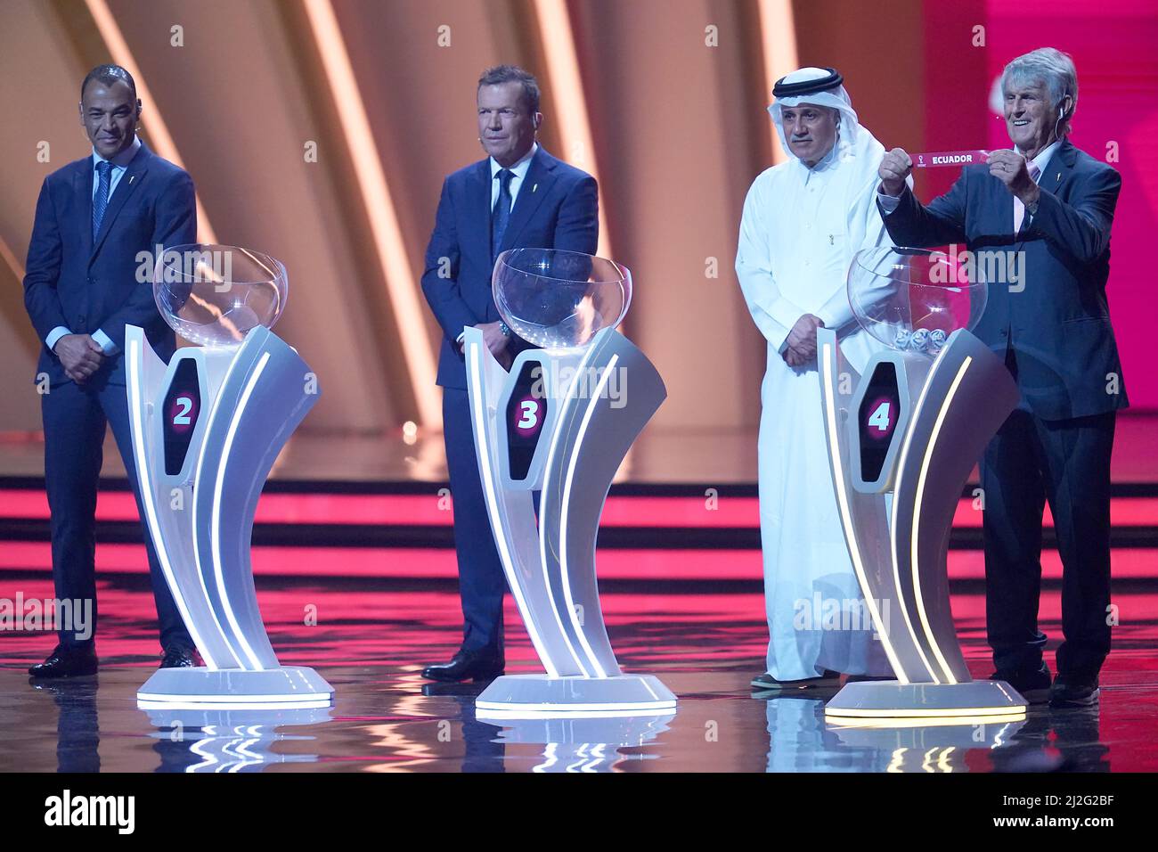 Bora Milutinovic holds up Ecuador after drawing them out of Pot 4 during the FIFA World Cup Qatar 2022 Draw at the Doha Exhibition and Convention Center, Doha. Picture date: Friday April 1, 2022. Stock Photo