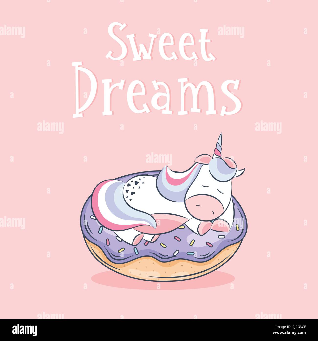 Cute Unicorn vector sleep on cake pony cartoon for sweet dream pastel color, Kawaii animal with star Stock Vector