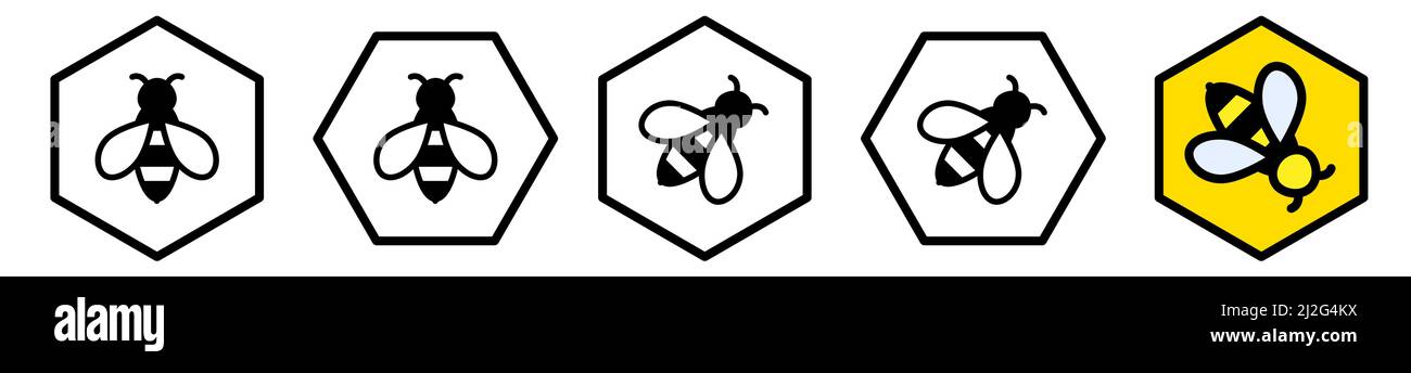 Simple honey bee icon inside hexagon, multiple version Stock Vector