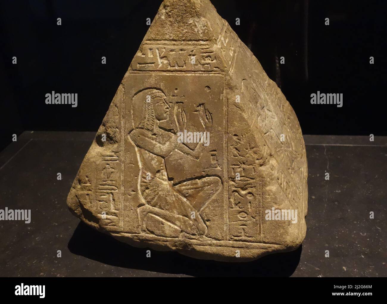 Pyramidion with the name of Huy, deceased shown in adoration. Exhibition in Louvre Abu Dhabi Stock Photo