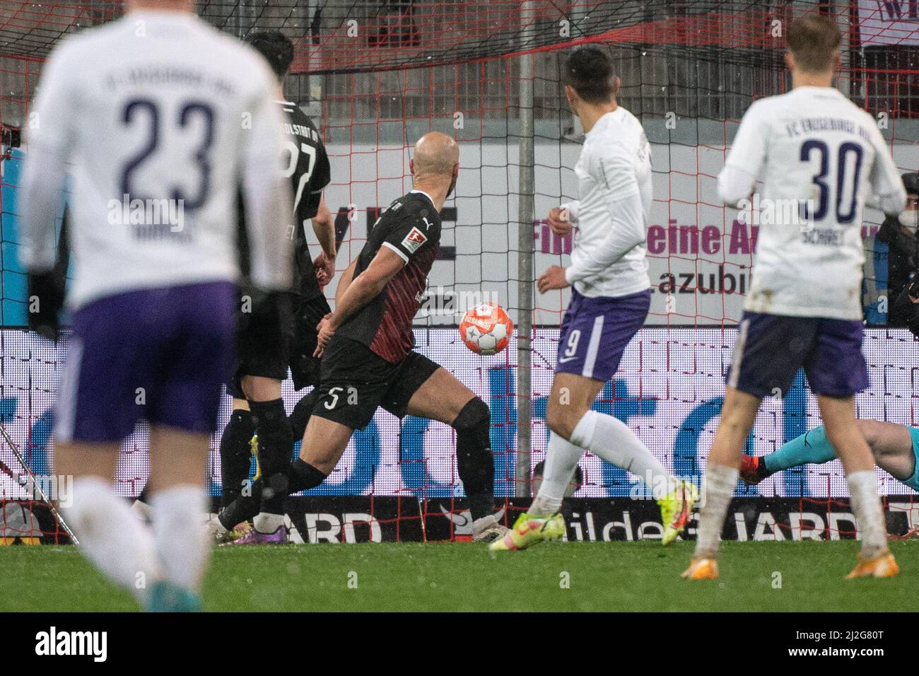 Ingolstadt, Germany. 01st Apr, 2022. Soccer: 2. Bundesliga, FC Ingolstadt 04 - Erzgebirge Aue, Matchday 28, Audi Sportpark. Antonio Jonjic of Erzgebirge Aue scores to make it 2:1. Credit: Matthias Balk/dpa - IMPORTANT NOTE: In accordance with the requirements of the DFL Deutsche Fußball Liga and the DFB Deutscher Fußball-Bund, it is prohibited to use or have used photographs taken in the stadium and/or of the match in the form of sequence pictures and/or video-like photo series./dpa/Alamy Live News Stock Photo