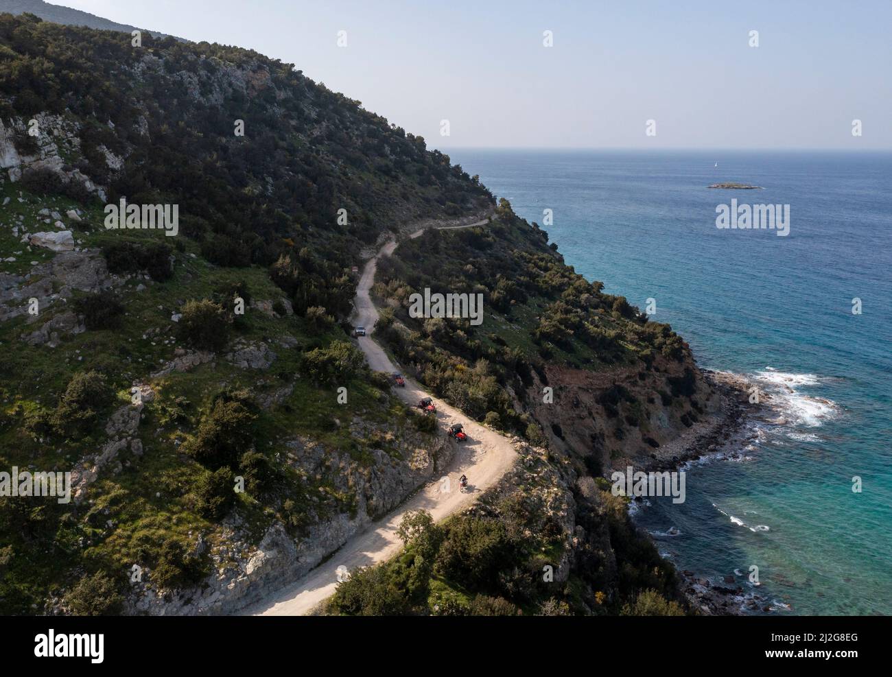 Aerial view of the notorious cliff top road to the Blue Lagoon on the Akamas Peninsula, Republic of Cyprus. Stock Photo