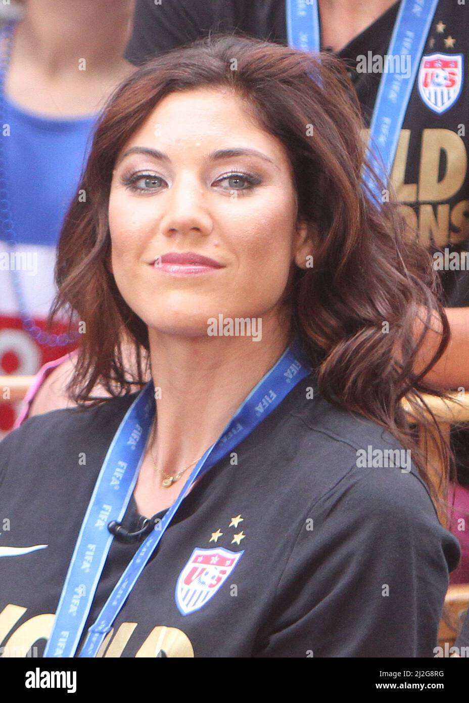 **FILE PHOTO** 1st Apr 2022. Hope Solo Arrested on DWI, Resisting Arrest And Misdemeanor Child Abuse. Photo taken: NEW YORK, NY - JULY 10: Hope Solo pictured as the U.S. Women's National Soccer Team visits ABC's Good Morning America before their celebratory parade at the Canyon Of Heroes in New York City on July 10, 2015. Credit: RW/MediaPunch Credit: MediaPunch Inc/Alamy Live News Stock Photo
