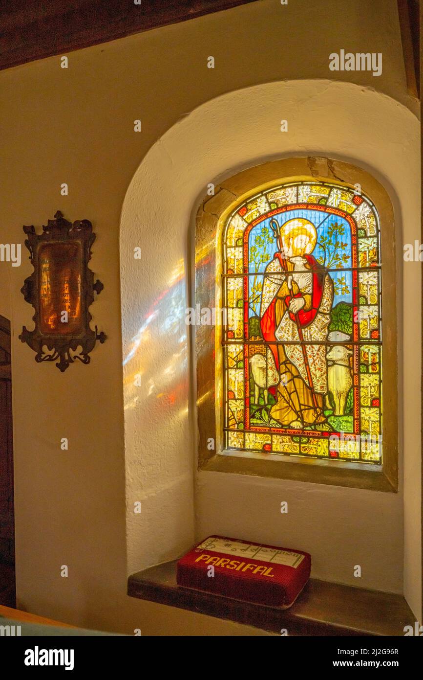 Stained glass window in St. Andrews Church, Greensted, Ongar, Essex