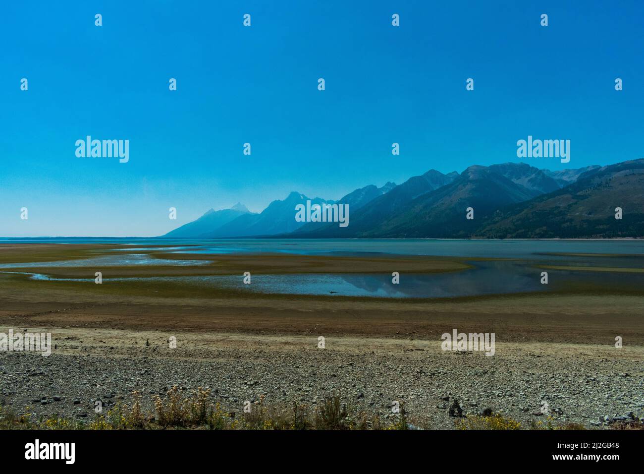 Low water level of Jackson Lake in Grand Teton National Park, Wyoming