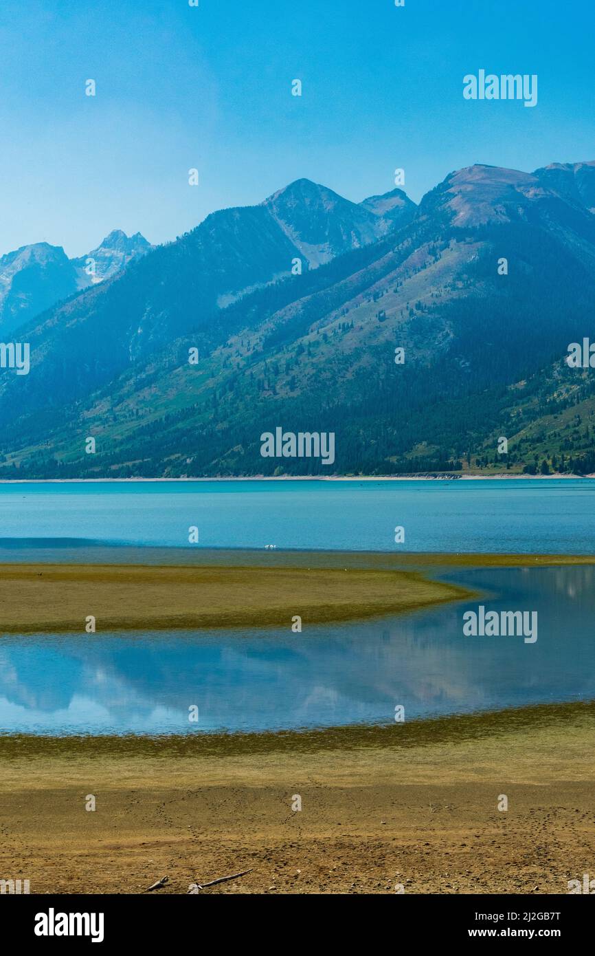 Low water level of Jackson Lake in Grand Teton National Park, Wyoming