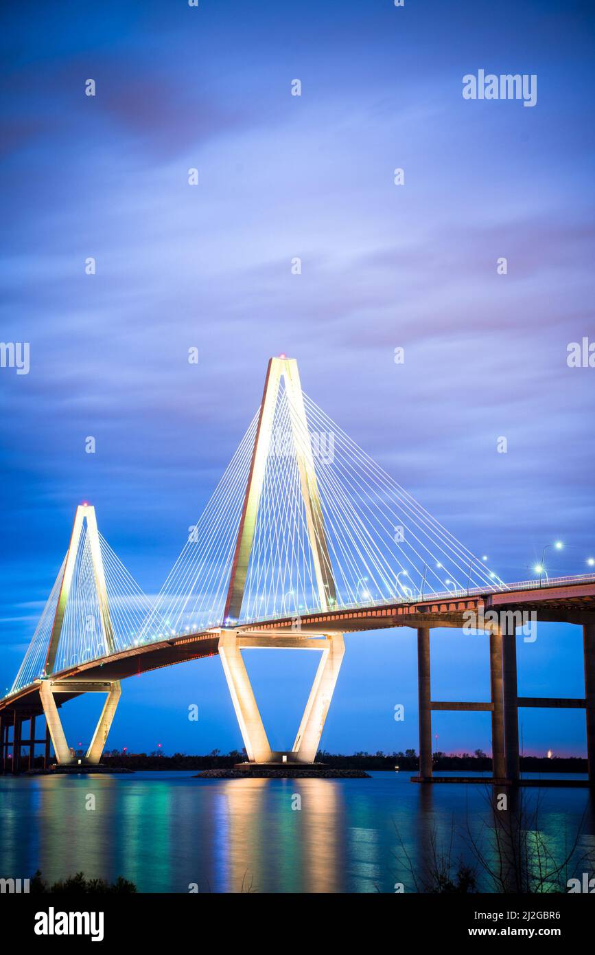 Arthur Ravenel Jr Bridge seen at night with lights, Charleston South ...