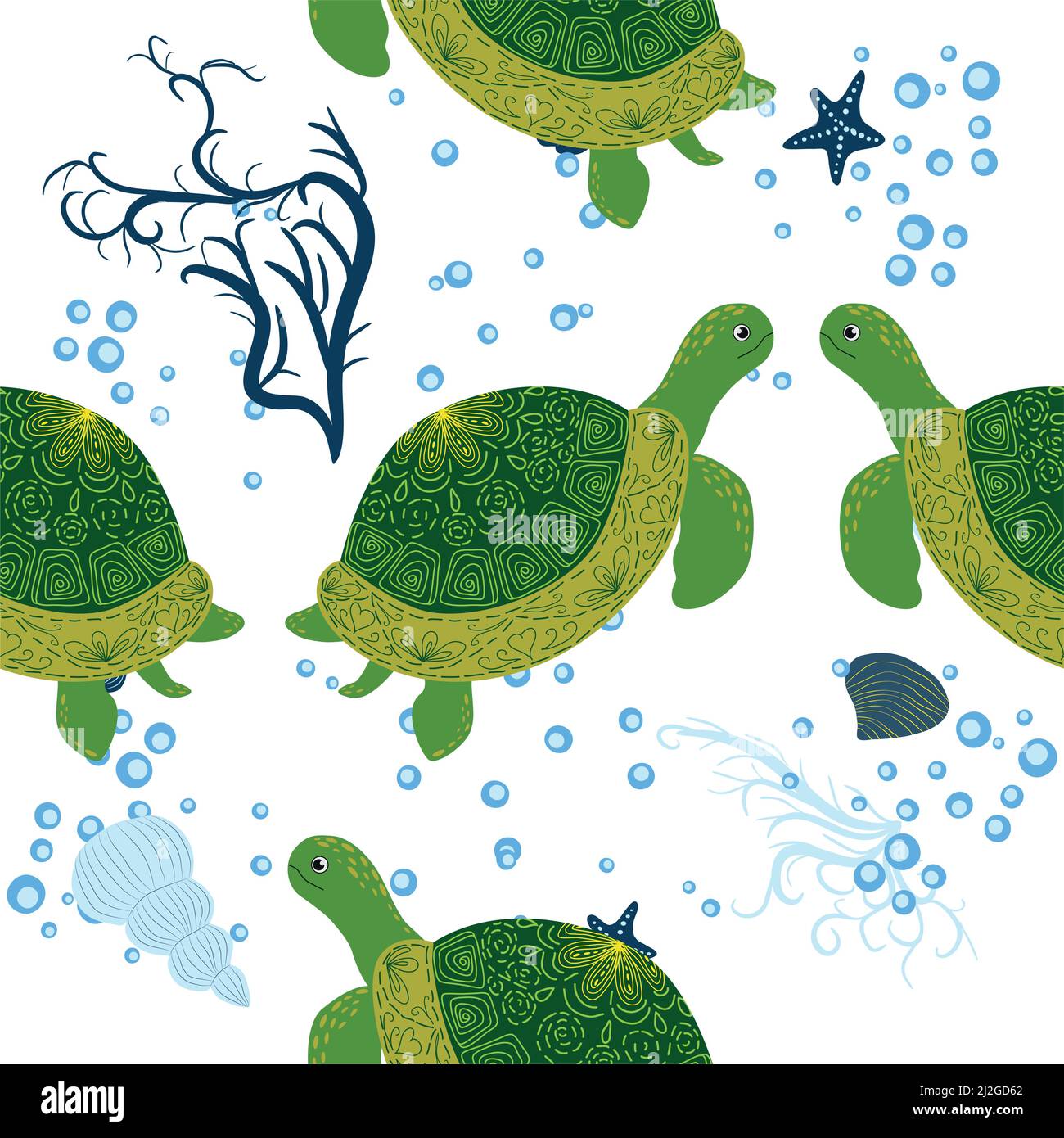 Turtle green seamless pattern, beautiful character among seashells ...