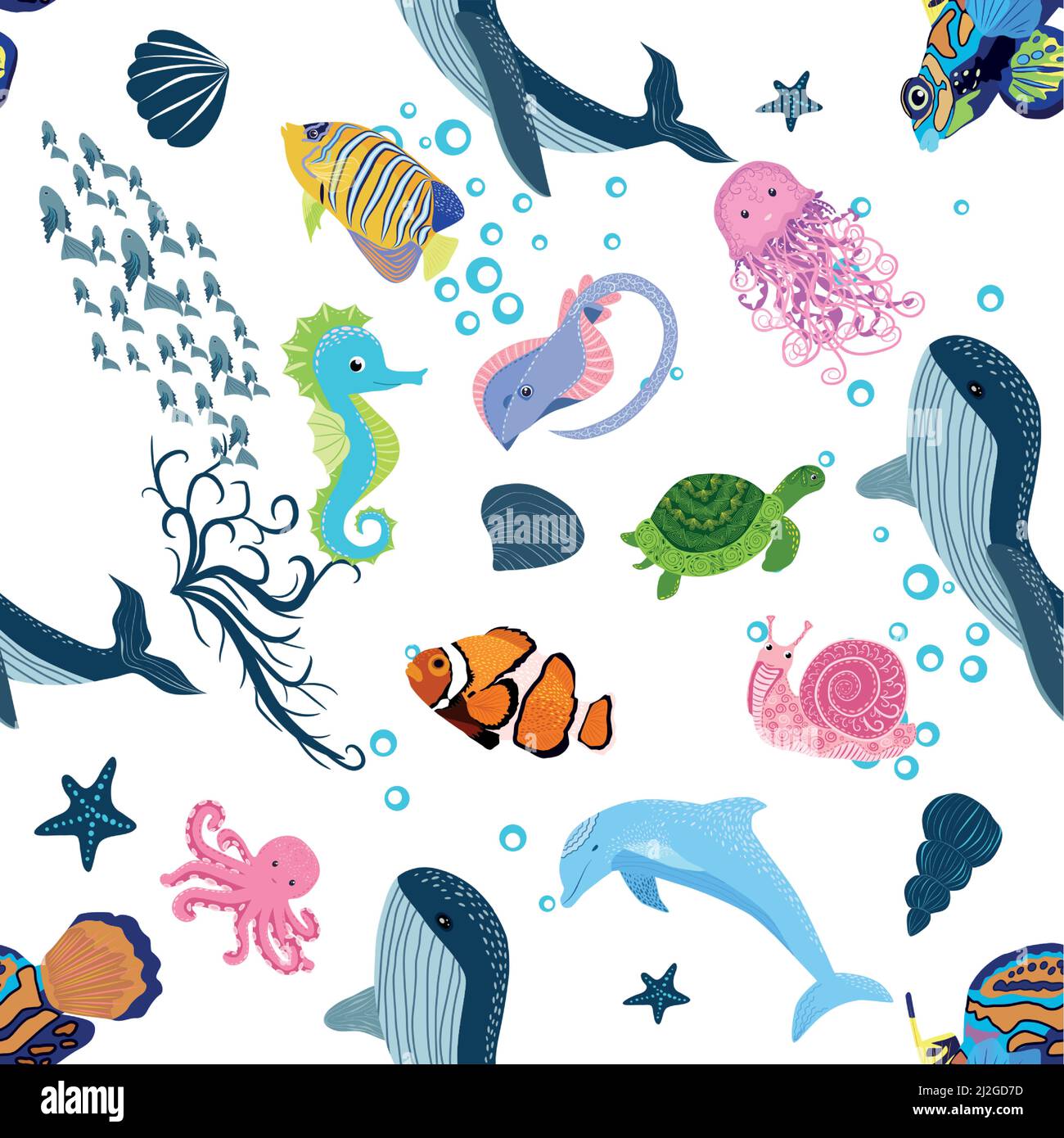 Marine life, fish, animals bright seamless pattern. sea travel, underwater  diving animal tropical fish. Jellyfish, whale, shark, seahorse, clown fish  Stock Vector Image & Art - Alamy