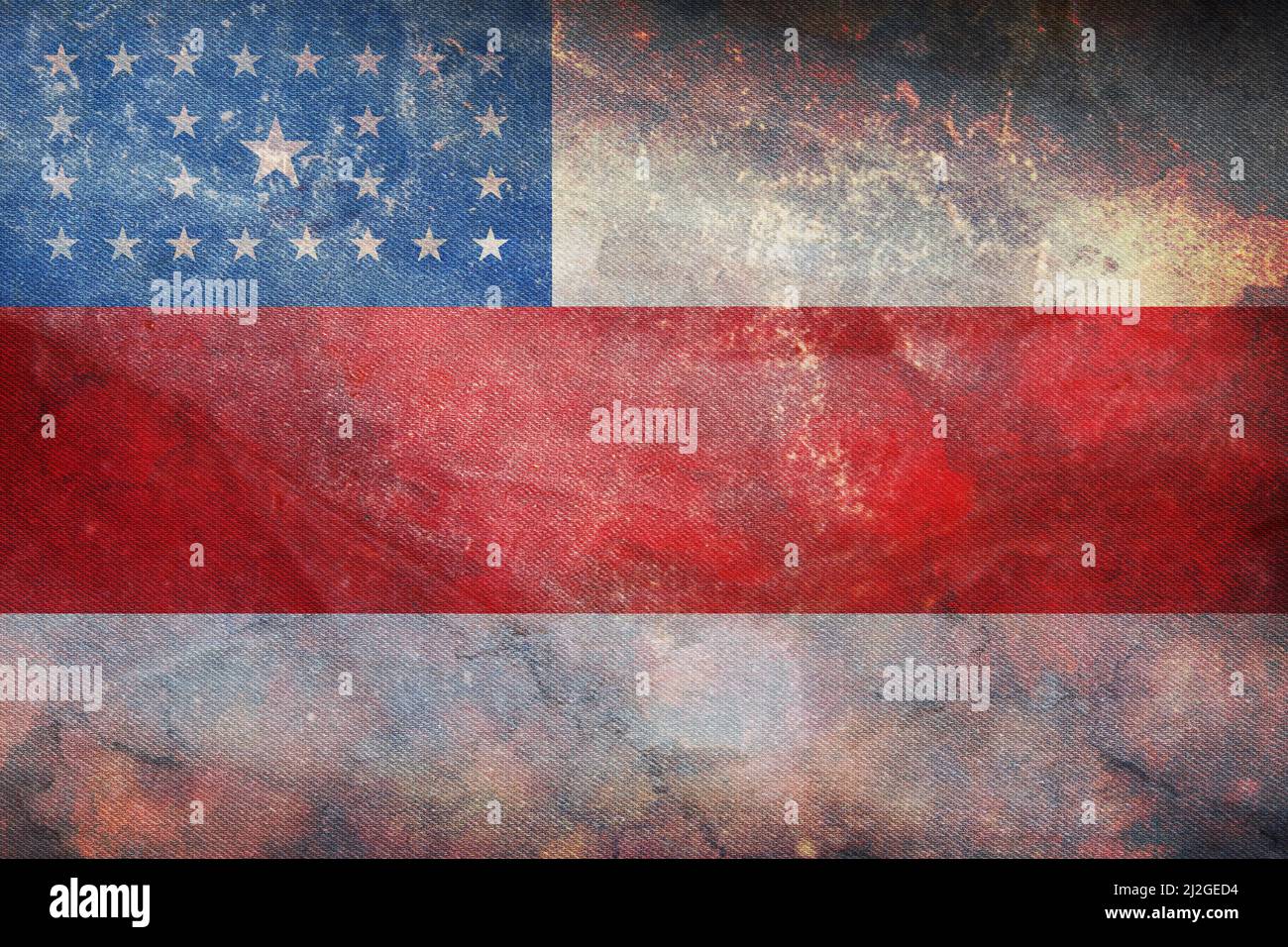 Top view of retro flag Amazonas, Brazil with grunge texture. Brazilian patriot and travel concept. no flagpole. Plane design, layout. Flag background Stock Photo