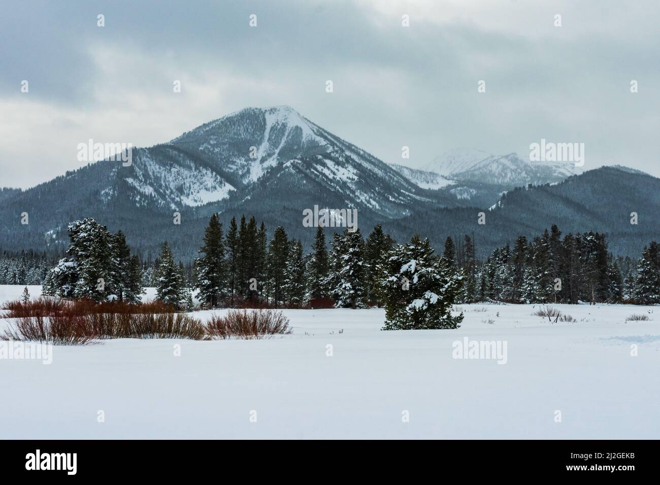 Snow covers the Sawtooth Mountains in the Sawtooth National Recreation