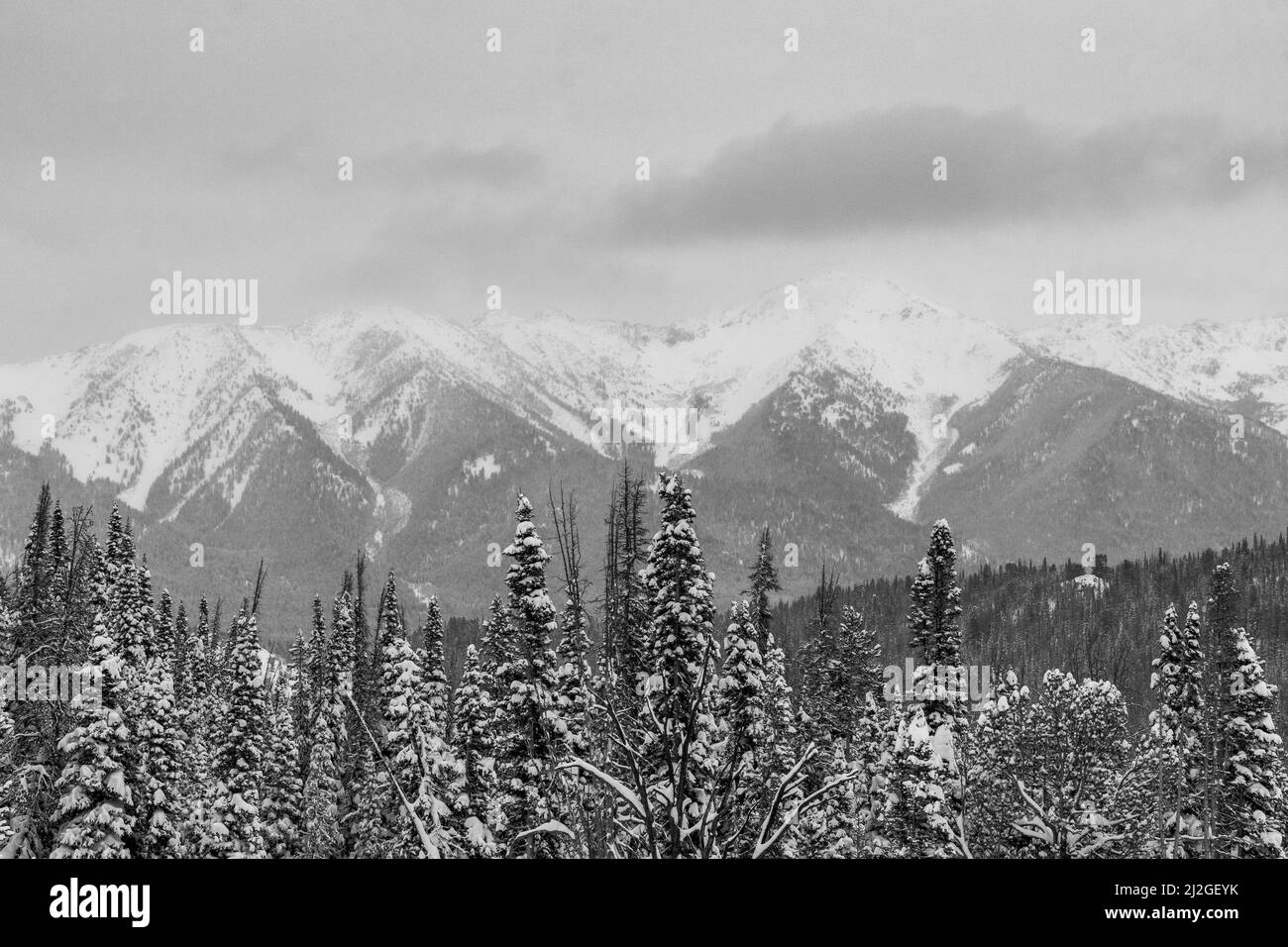 Snow covers the Sawtooth Mountains in the Sawtooth National Recreation
