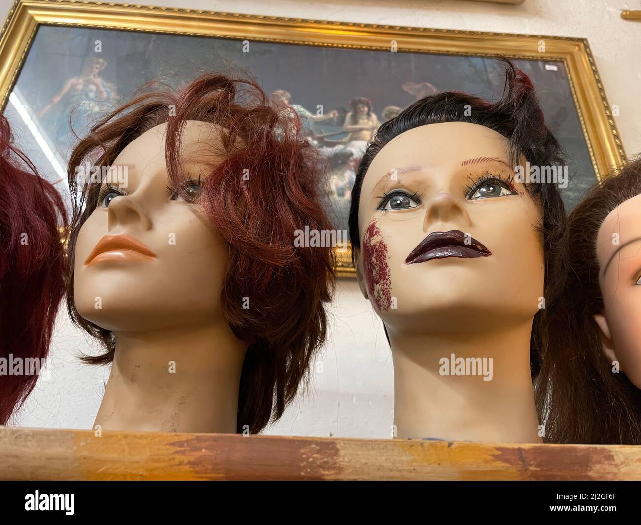 Vintage mannequin heads in antique shop. High quality photo Stock Photo