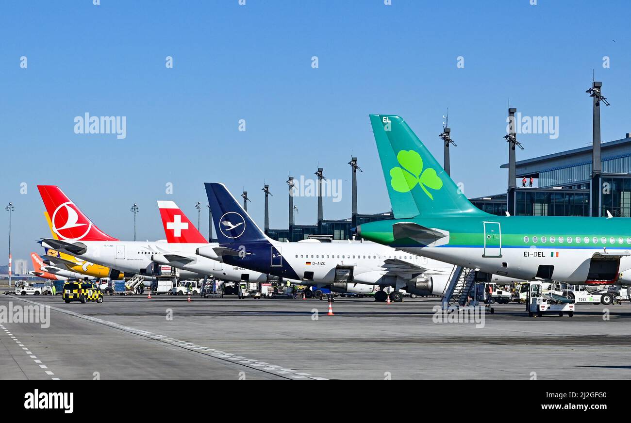 28 March 2022, Brandenburg, Schönefeld: Many airplanes are parked at Terminal 1 of the capital's airport Berlin-Brandenburg (BER). Photo: Patrick Pleul/dpa-Zentralbild/ZB Stock Photo