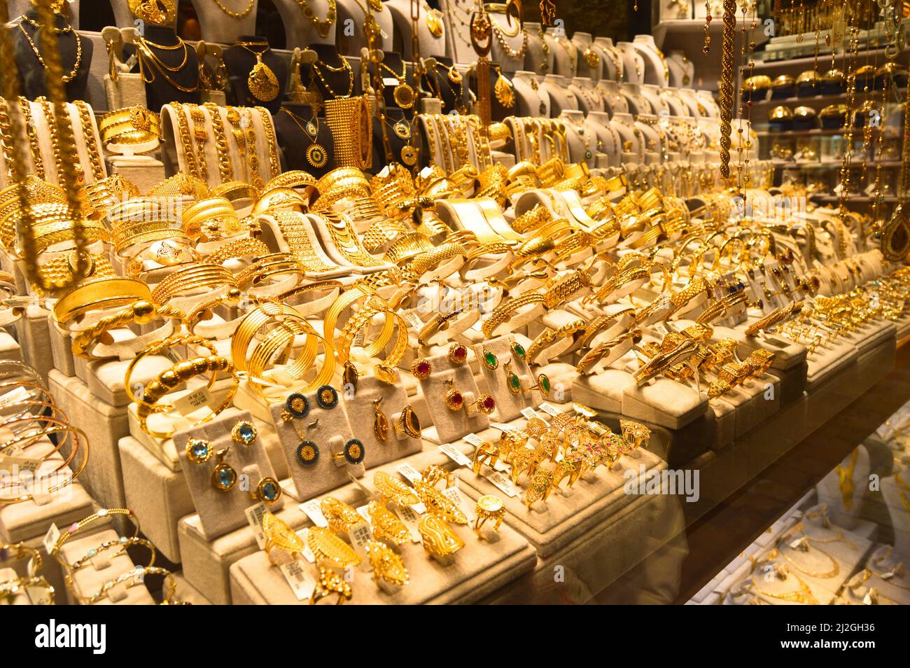 Bracelets on a show window jewelry store, gold jewelry in grand bazaar