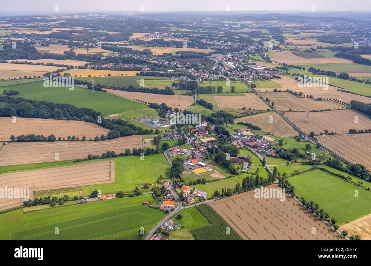 Aerial view, village view with meadows and fields in the district of Altendorf, Fröndenberg/Ruhr, Ruhr area, North Rhine-Westphalia, Germany, DE, Euro Stock Photo