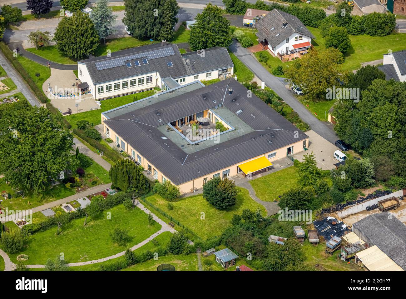 Aerial view, home for the elderly Hans-Jürgen-Janzen-Haus in Frömern, Fröndenberg/Ruhr, Ruhr area, North Rhine-Westphalia, Germany, home for the elder Stock Photo
