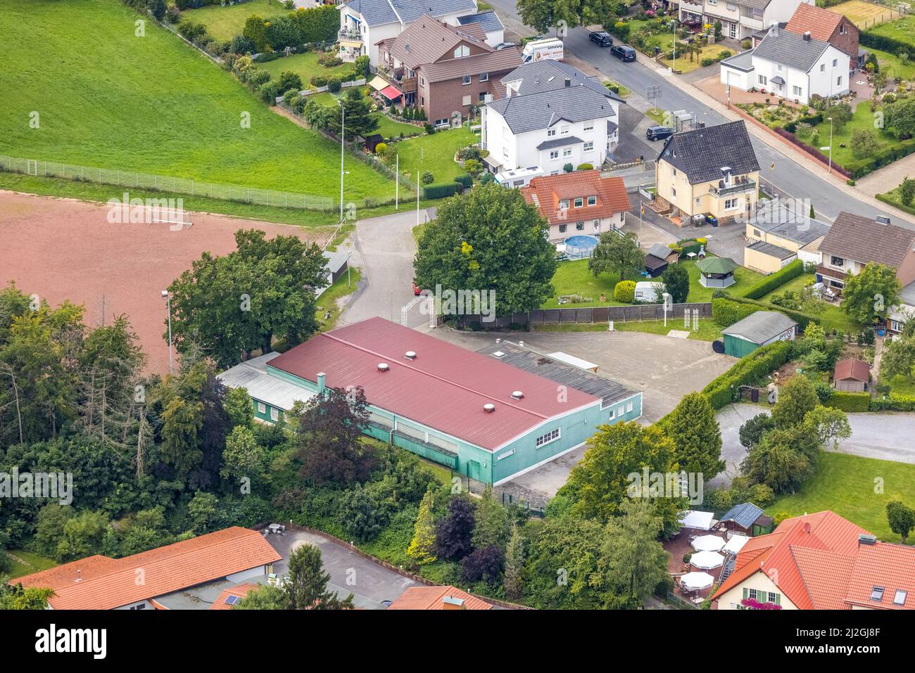 Aerial view, Hohenheide district and shooting hall Hohenheide, Fröndenberg/Ruhr, Ruhr area, North Rhine-Westphalia, Germany, DE, Europe, aerial photog Stock Photo