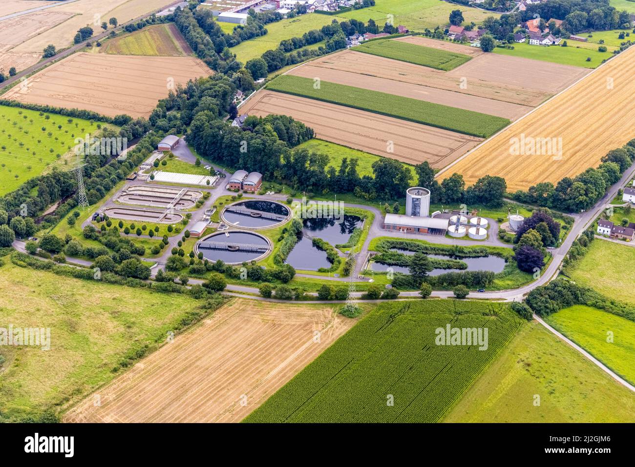 Aerial view, sewage treatment plant Menden at the Hönne in Bösperde, Menden, Ruhr area, North Rhine-Westphalia, Germany, DE, Europe, Heidestraße, sewa Stock Photo