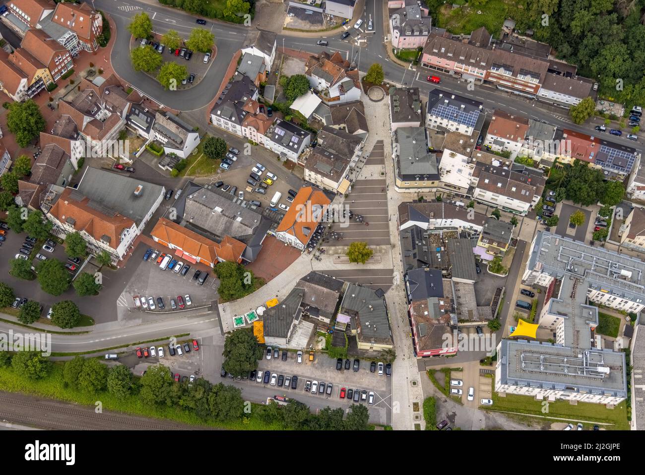 Aerial view, Newly designed market place in Fröndenberg, Fröndenberg/Ruhr, Ruhr area, North Rhine-Westphalia, Germany, DE, Europe, aerial photography, Stock Photo