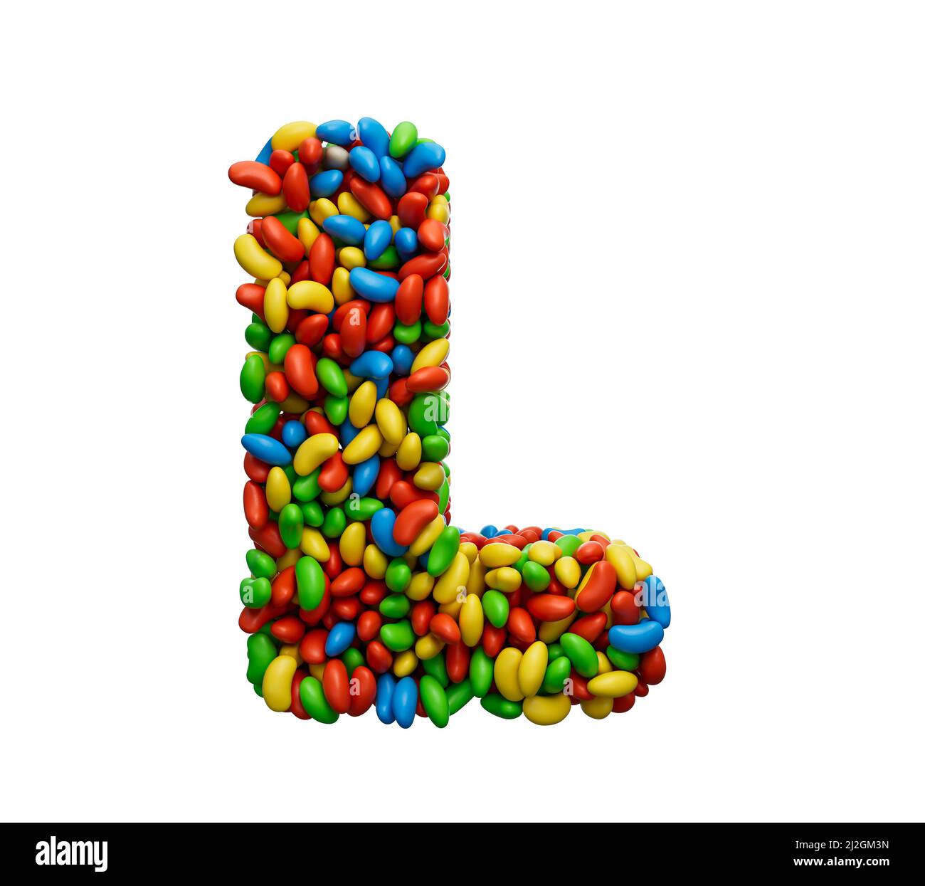 A 3D rendering of the alphabet L letter made with colorful jelly beans isolated on white background Stock Photo