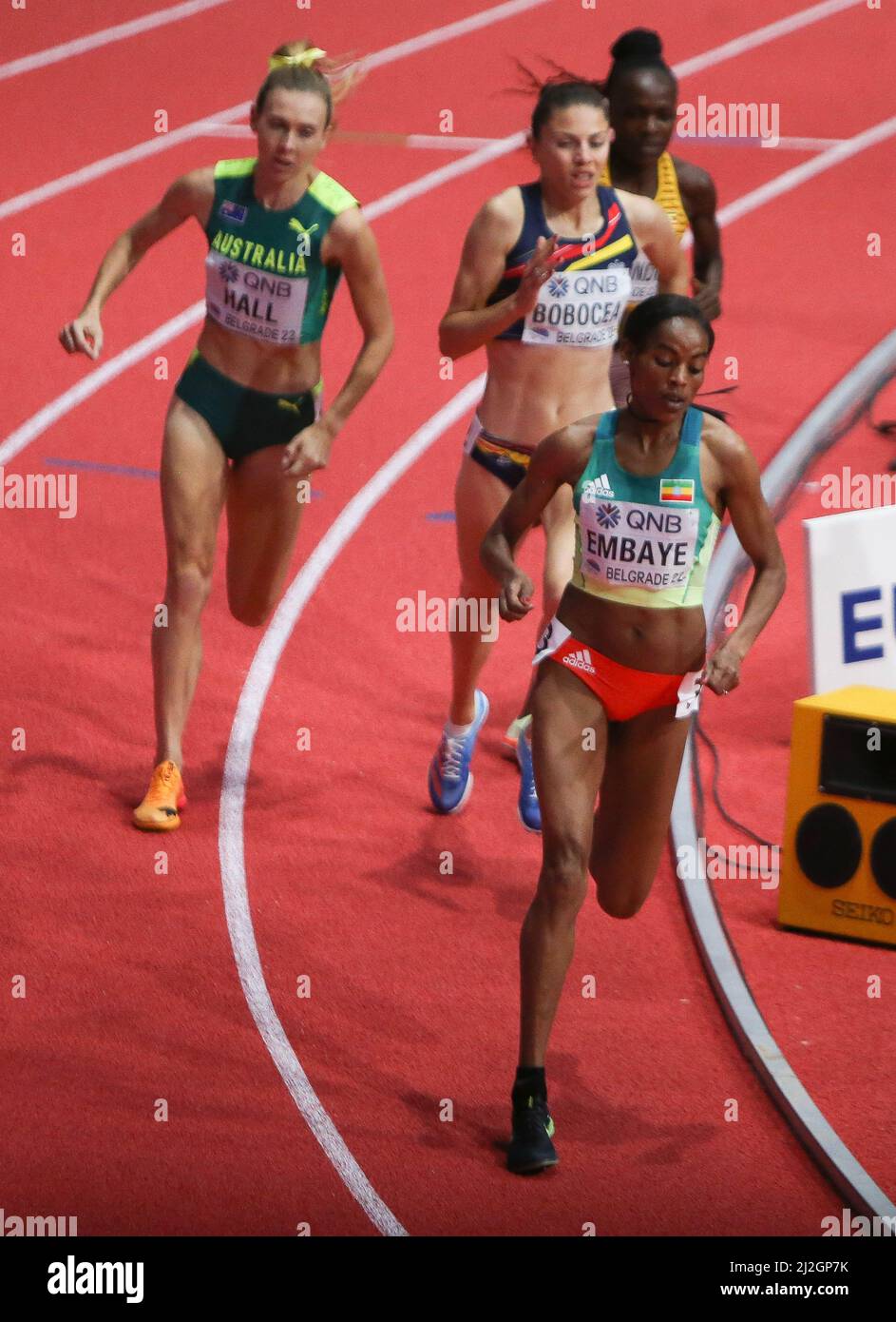 Axumawit EMBAYE of Ethiopia  ,  Claudia Mihaela BOBOCEA of Roumanie , Linden HALL of Australe and Winnie NANYONDO of Uganda Heat 1500 M Women during the World Athletics Indoor Championships 2022 on March 18, 2022 at Stark Arena in Belgrade, Serbia - Photo Laurent Lairys Stock Photo