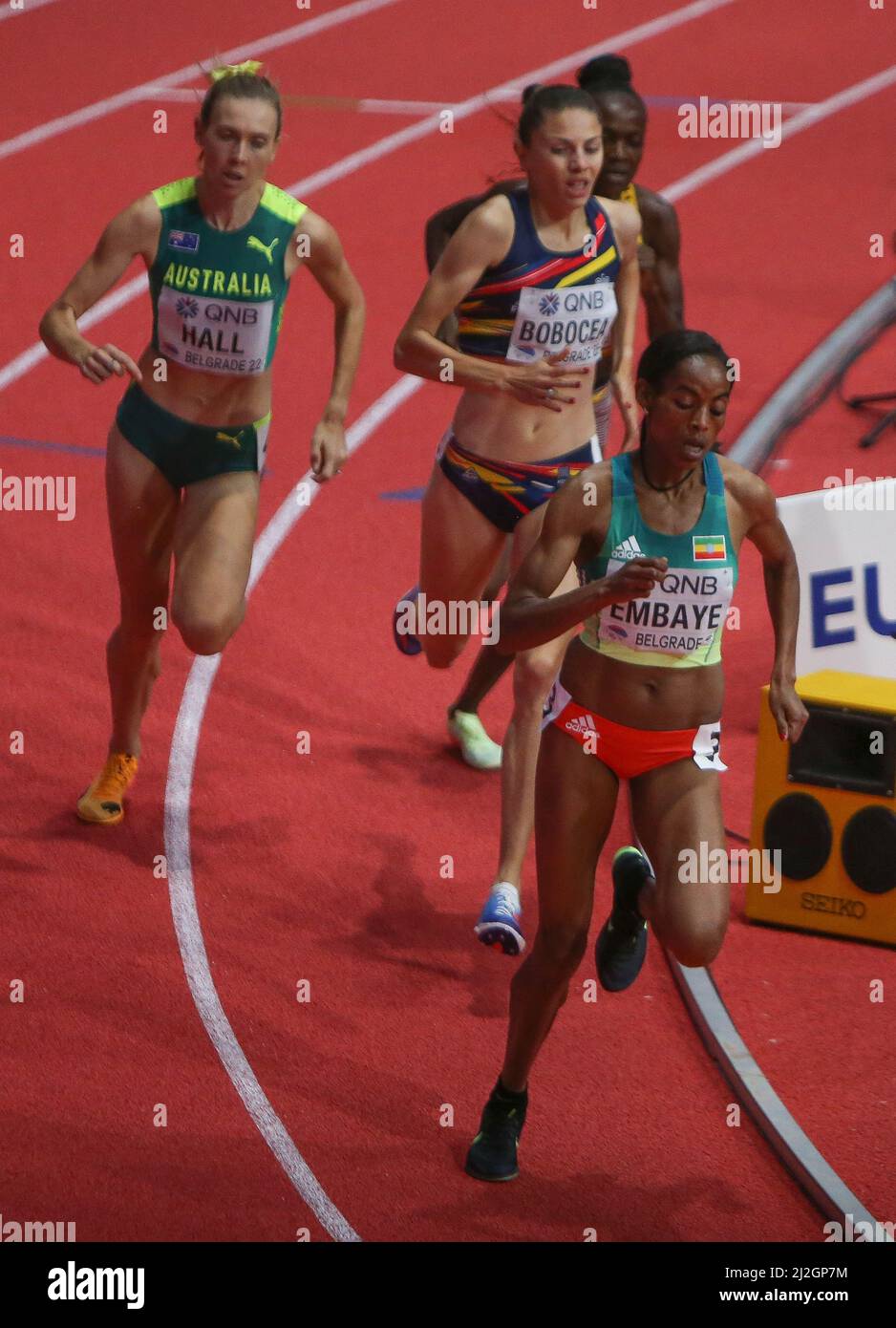 Axumawit EMBAYE of Ethiopia  ,  Claudia Mihaela BOBOCEA of Roumanie , Linden HALL of Australe and Winnie NANYONDO of Uganda Heat 1500 M Women during the World Athletics Indoor Championships 2022 on March 18, 2022 at Stark Arena in Belgrade, Serbia - Photo Laurent Lairys Stock Photo