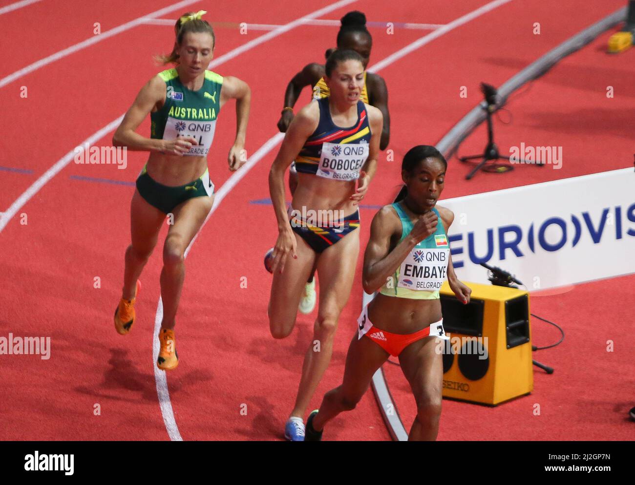 Axumawit EMBAYE of Ethiopia  ,  Claudia Mihaela BOBOCEA of Roumanie , Linden HALL of Australe and Winnie NANYONDO of Uganda Heat 1500 M Women during the World Athletics Indoor Championships 2022 on March 18, 2022 at Stark Arena in Belgrade, Serbia - Photo Laurent Lairys Stock Photo