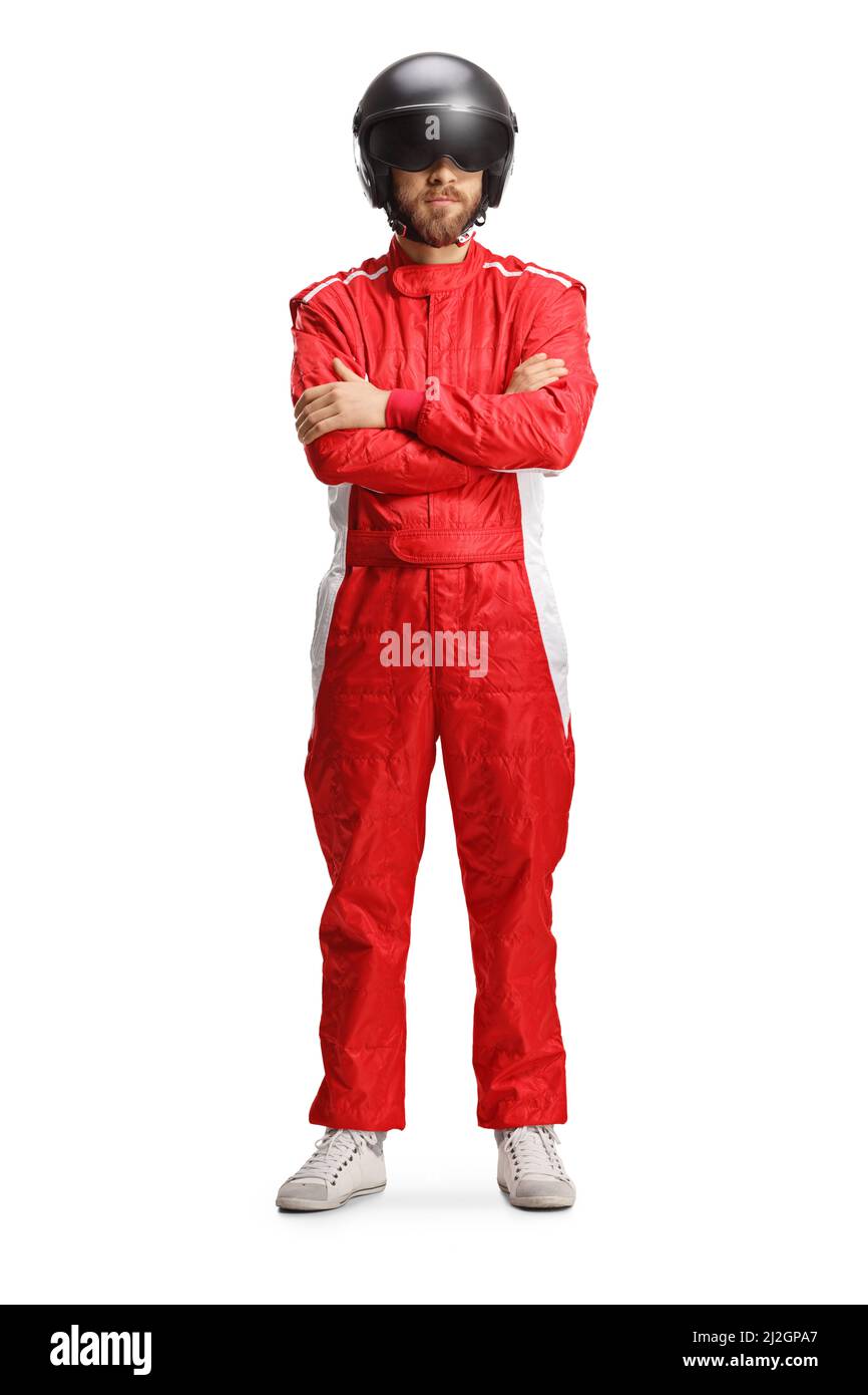 Full length portrait of a racer in a red suit and black helmet isolated on white background Stock Photo