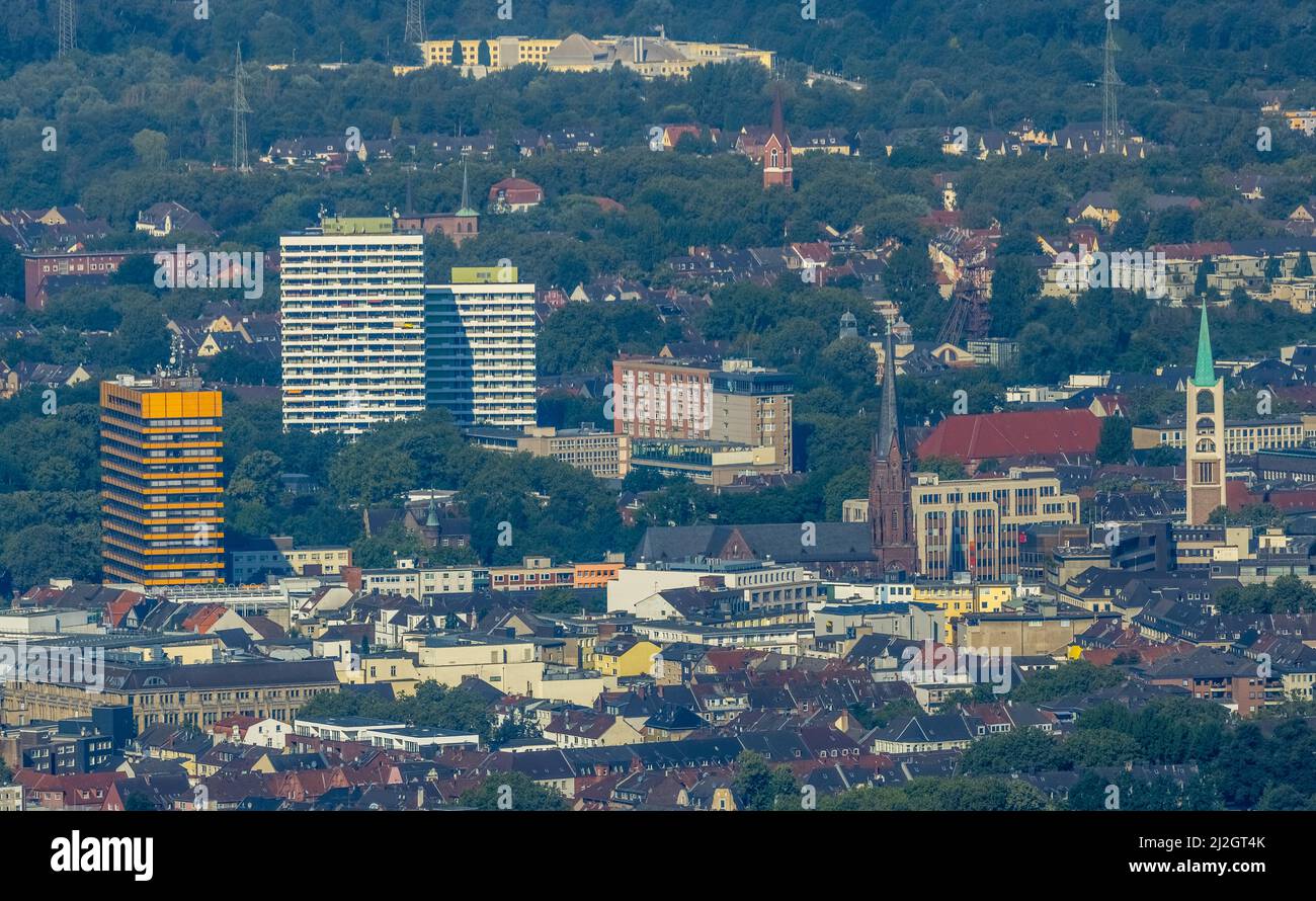 Aerial view, Altstadt and City HochhÃ¤user with Propstei Kirche St. Augustinus and Altstadtkirche Emmaus in Gelsenkirchen, Ruhr area, North Rhine-West Stock Photo