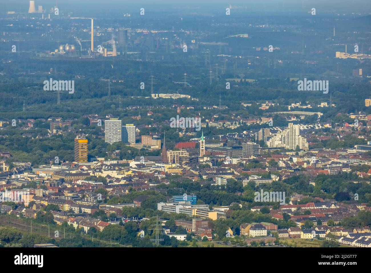 Aerial view, Altstadt and City HochhÃ¤user with Propstei Kirche St. Augustinus and Altstadtkirche Emmaus in Gelsenkirchen, Ruhr area, North Rhine-West Stock Photo