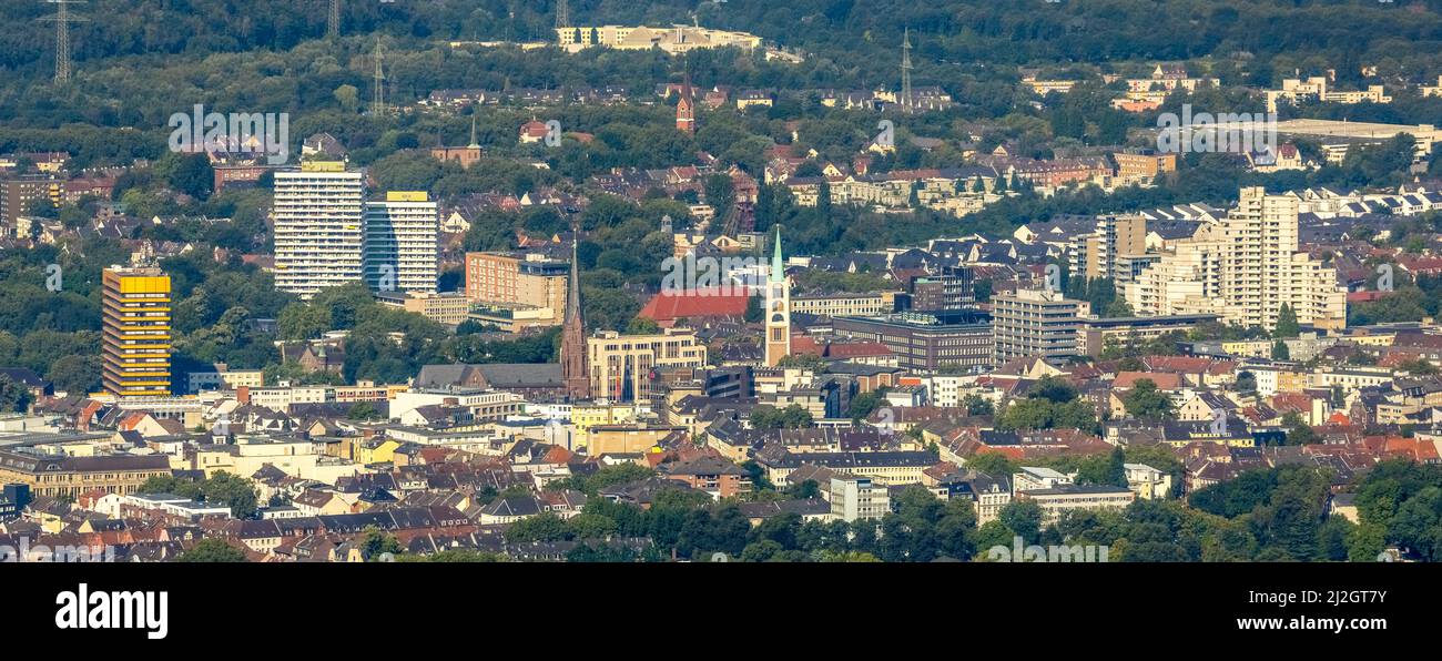 Aerial view, old town and city skyscrapers with provost church St. Augustinus and old town church Emmaus in Gelsenkirchen, Ruhr area, North Rhine-West Stock Photo
