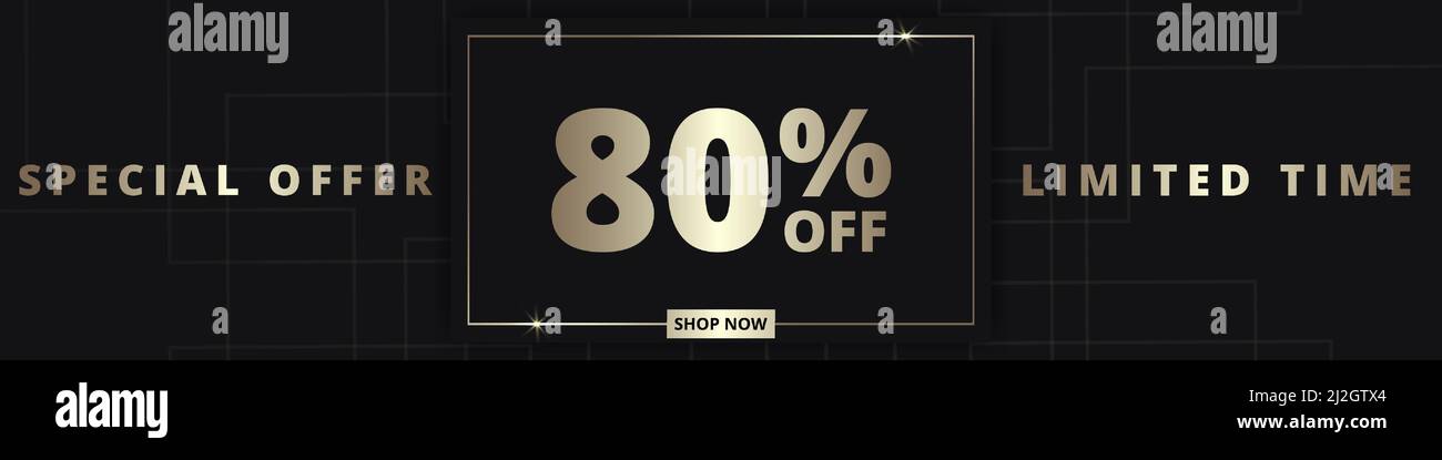 80 off sale banner. Special offer limited time 80 percent off. Sale discount offer. Luxury promotion banner with golden typography eighty percent Stock Vector