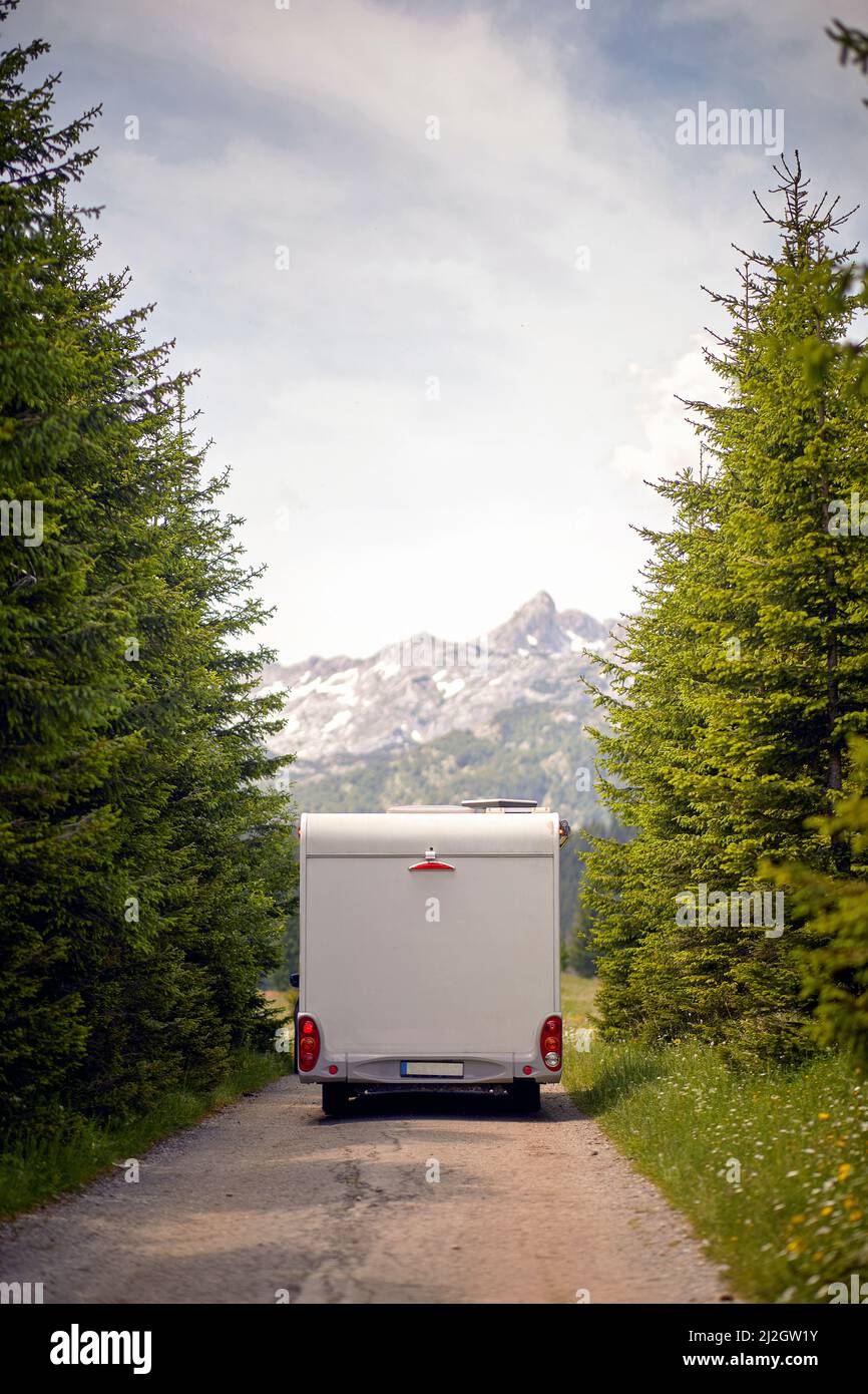 Rv campervan on the road in forest. Summertime holiday in nature, vanlife. Travel, lifestyle, holiday concept. Stock Photo