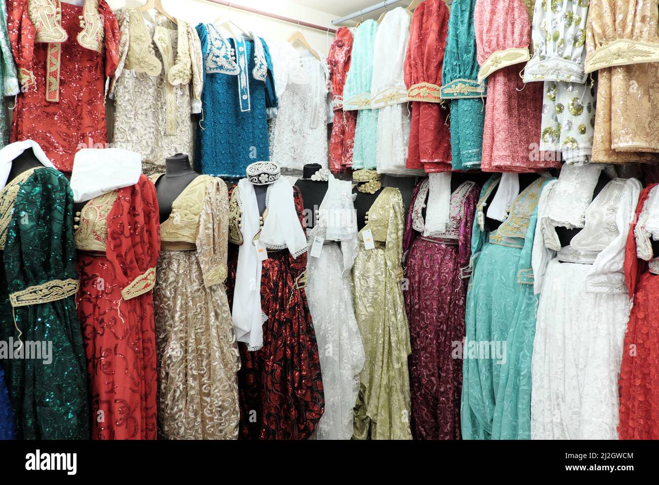 NOVI PAZAR, SERBIA - JULY 25, 2017: showcase elegant muslim female long dresses in Sanela boutique in downtown Stock Photo
