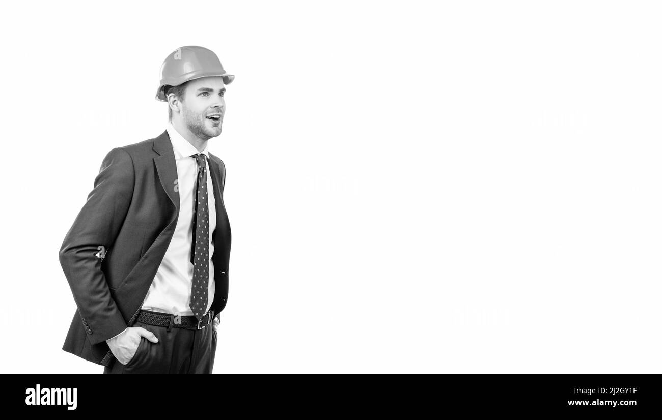 Always dedicated and devoted. Happy engineer isolated on white. Civil