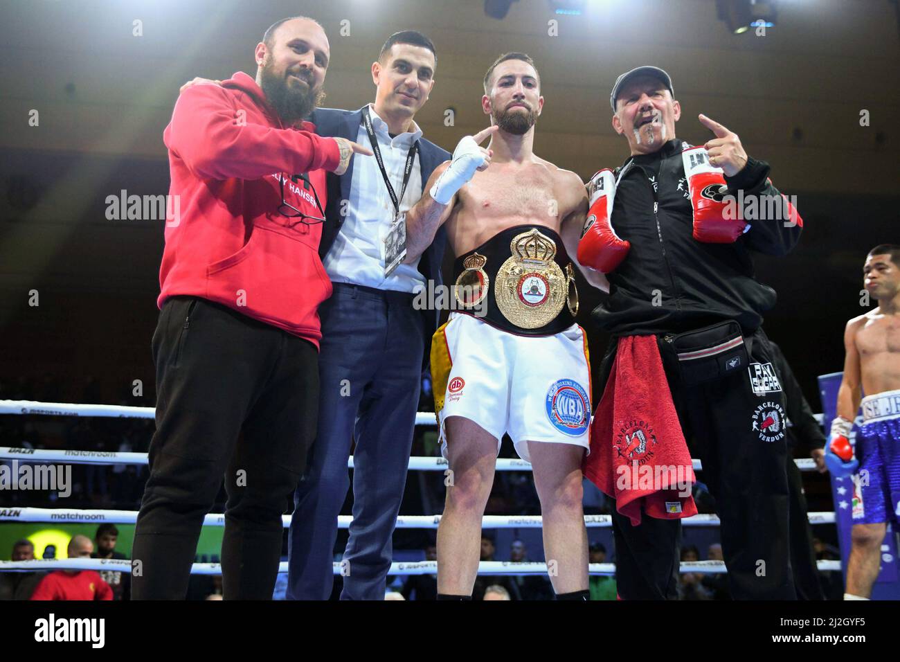 April 1, 2022, Barcelona, Cataluna, Barcelona, Spain, Spain: BARCELONA,  SPAIN - APRIL 1: Sandor Martin celebrates his victory over Jose Felix Jr in  their WBA International Super Lightweight Title bout at Palau