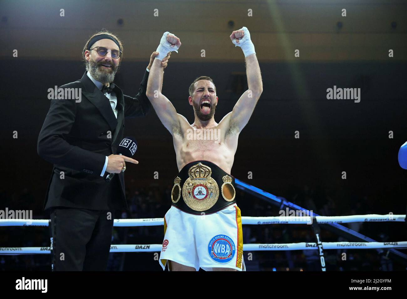 April 1, 2022, Barcelona, Cataluna, Barcelona, Spain, Spain: BARCELONA,  SPAIN - APRIL 1: Sandor Martin celebrates his victory over Jose Felix Jr in  their WBA International Super Lightweight Title bout at Palau