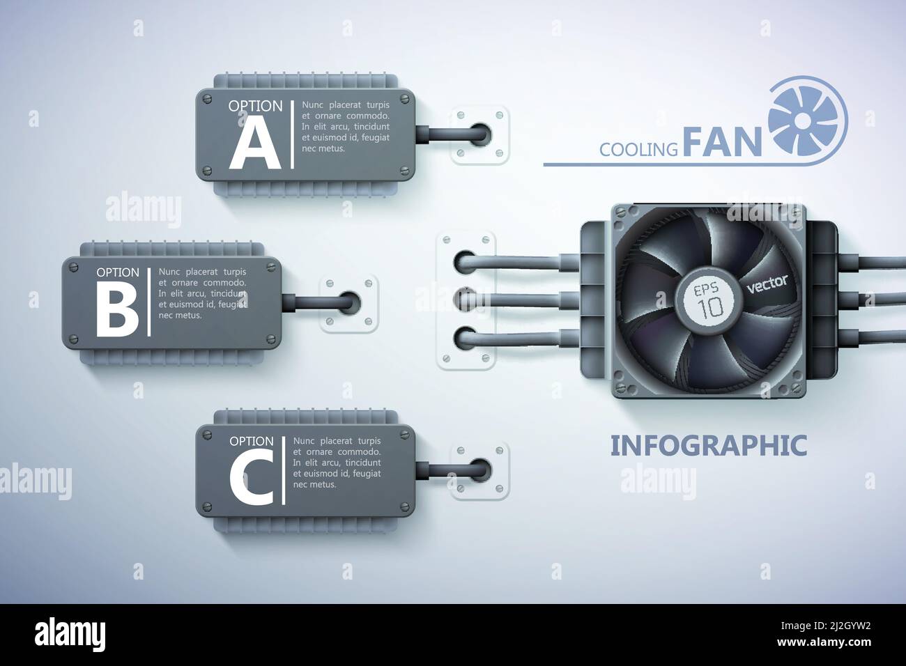 Infographic design concept with realistic computer fan cooling elements text three options on
