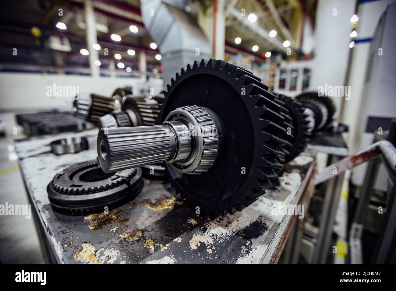 Part of car gearbox. Gears of gearshift transmission, close up Stock