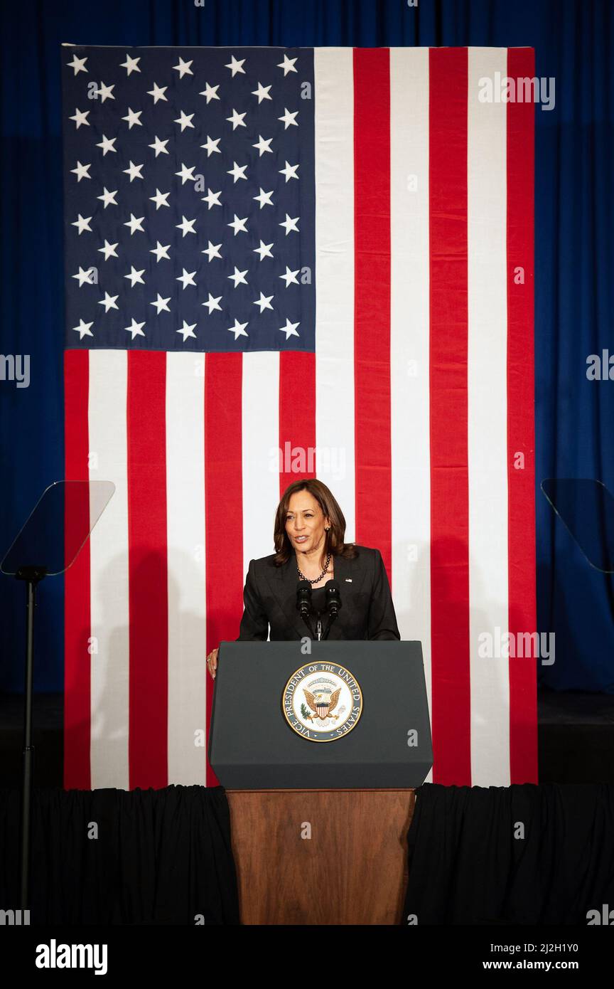 Greenville, United States. 01st Apr, 2022. Vice President Kamala Harris speaks to the crowd about small businesses at the Delta Center Stage in Greenville, Mississippi on Friday, April 1, 2022. Photo by Rory Doyle/UPI Credit: UPI/Alamy Live News Stock Photo