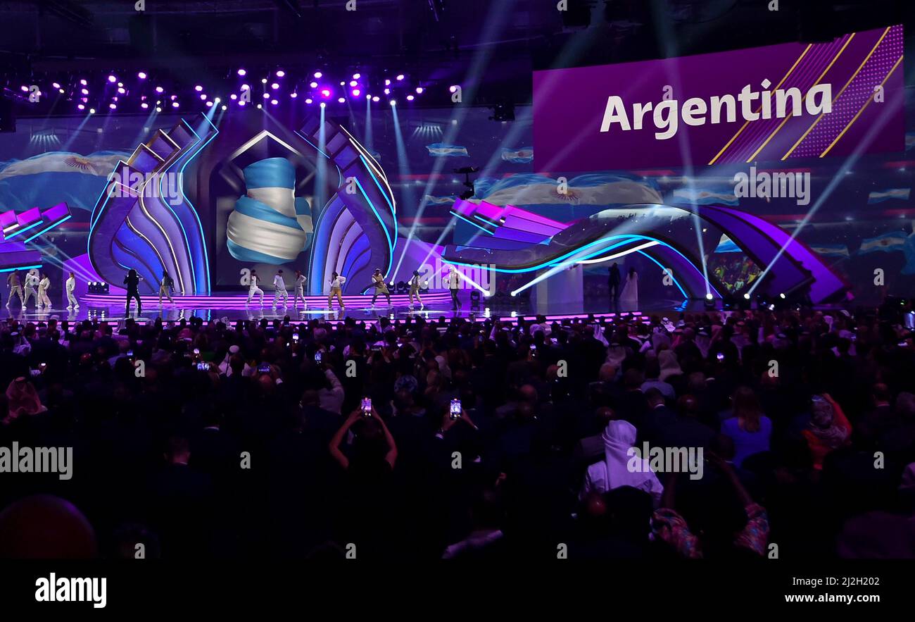 Doha, Qatar. 1st Apr, 2022. Argentina as one of the participating nations is presented at the start of the FIFA World Cup 2022 main draw at Doha Exhibition & Convention Center (DECC) in Doha, Qatar, April 1, 2022. Credit: Nikku/Xinhua/Alamy Live News Stock Photo