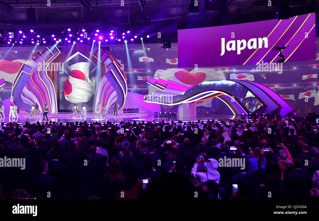 Doha, Qatar. 1st Apr, 2022. Japan as one of the participating nations is presented at the start of the FIFA World Cup 2022 main draw at Doha Exhibition & Convention Center (DECC) in Doha, Qatar, April 1, 2022. Credit: Nikku/Xinhua/Alamy Live News Stock Photo