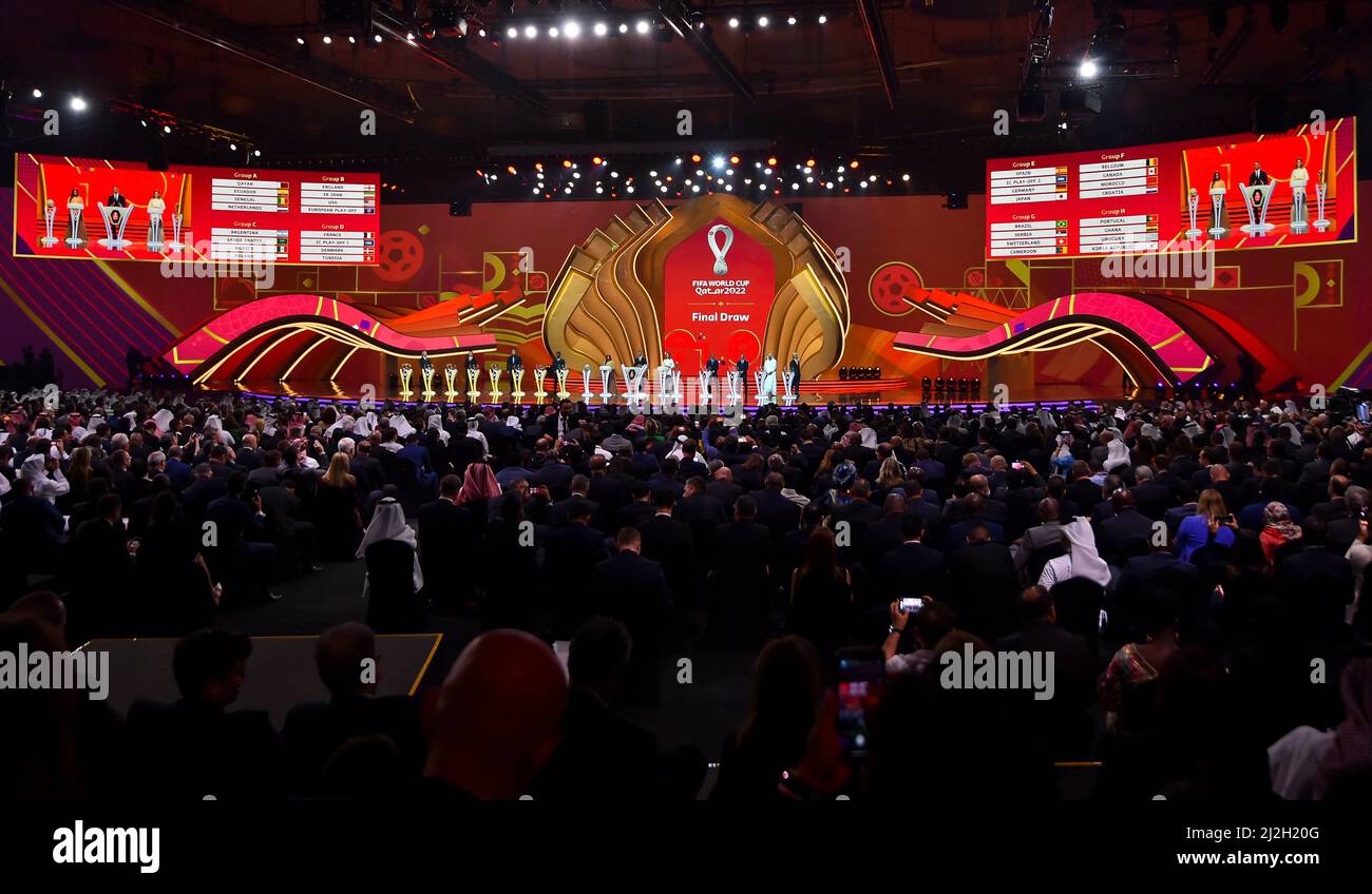 Doha, Qatar. 1st Apr, 2022. The completed draw on display during the FIFA World Cup 2022 main draw at Doha Exhibition & Convention Center (DECC) in Doha, Qatar, April 1, 2022. Credit: Nikku/Xinhua/Alamy Live News Stock Photo